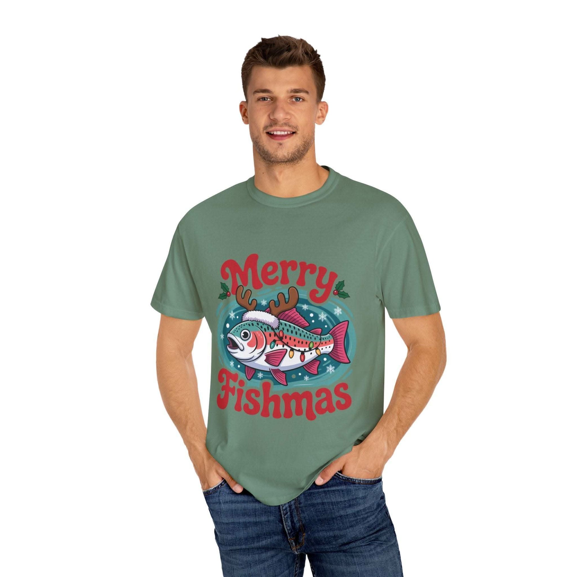 True Navy garment-dyed t-shirt featuring Merry Fishmas design for fishermen, by Printify