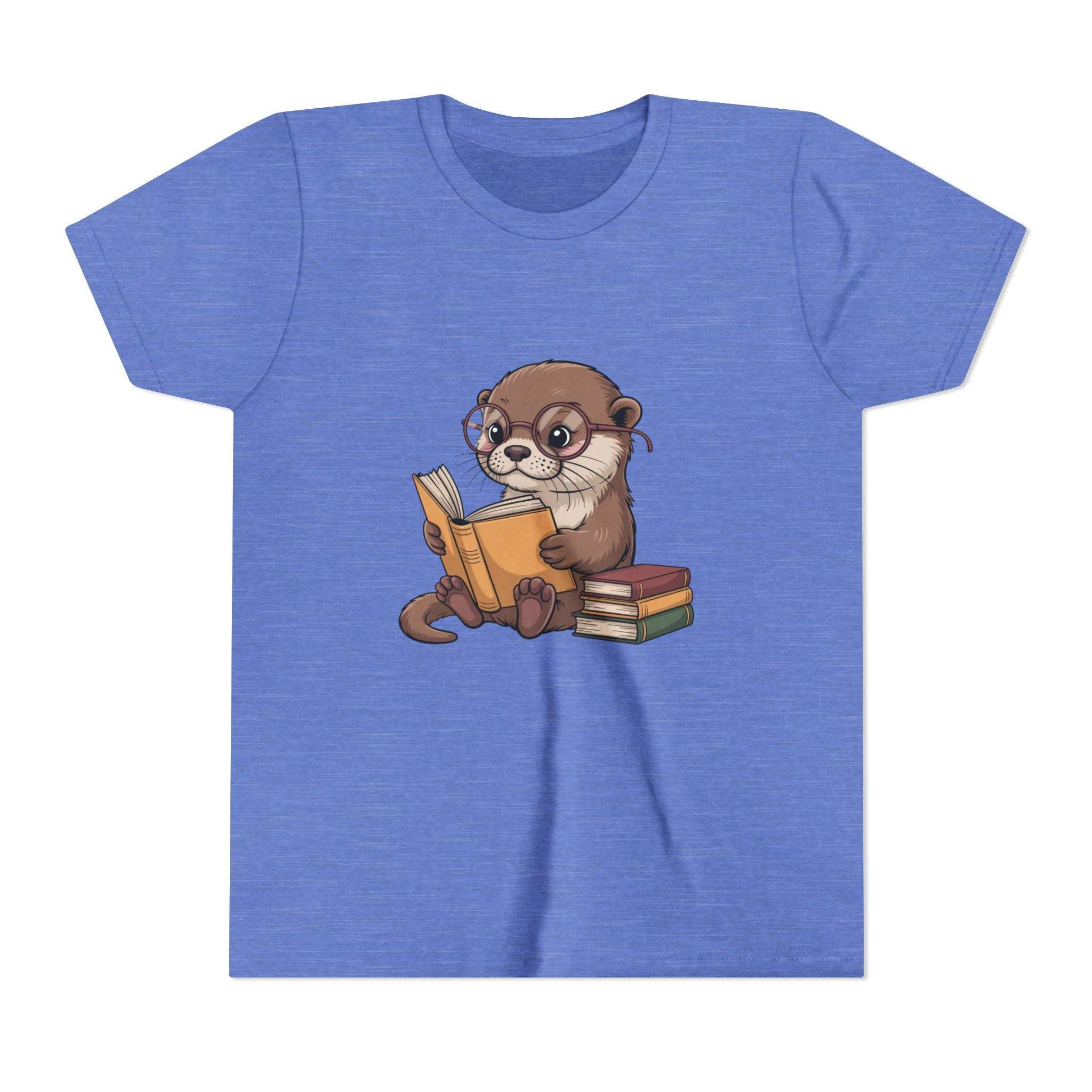 Blue t-shirt with an otter reading a book graphic on a white background