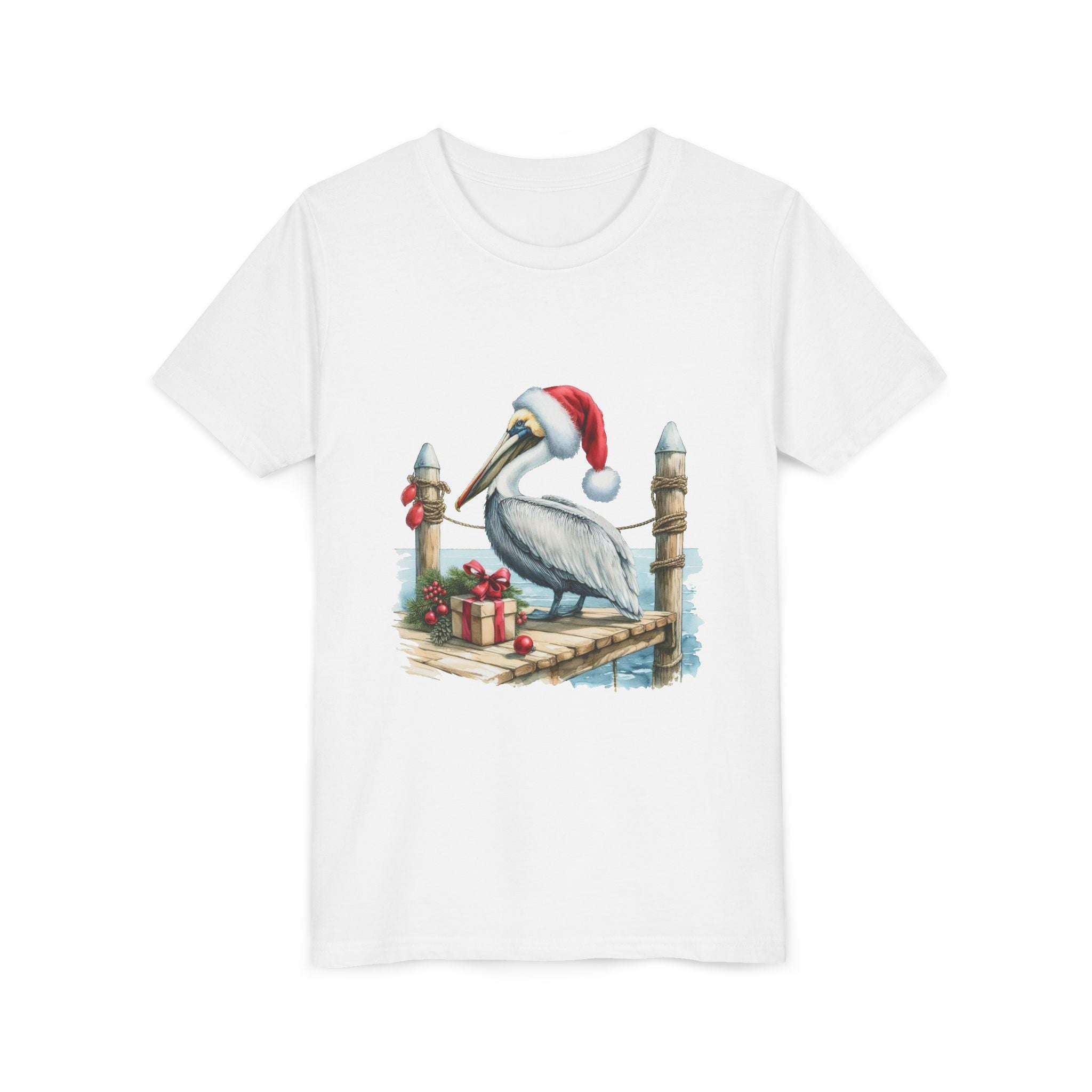 White t-shirt with a Christmas pelican design on a white background