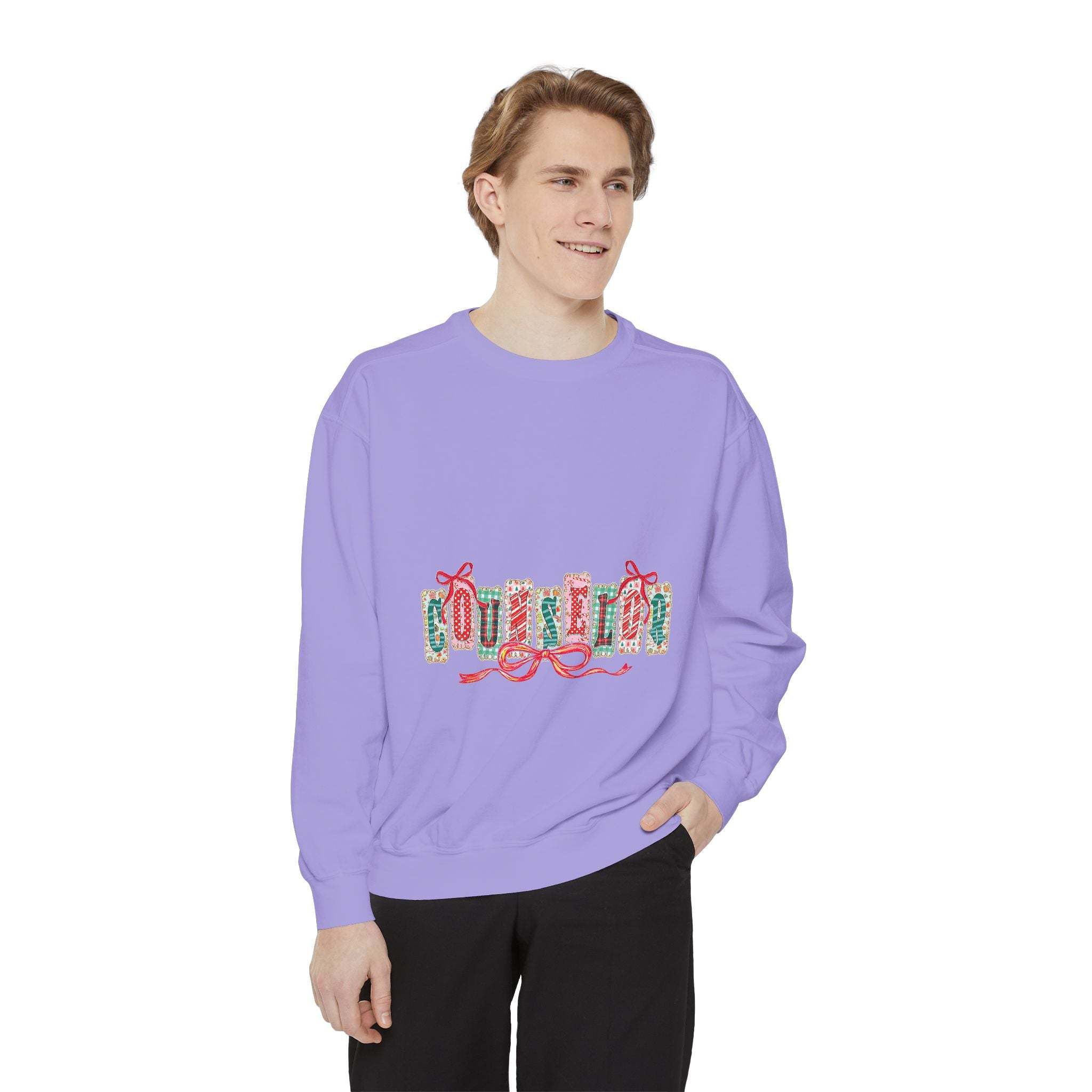 Garment-dyed True Navy sweatshirt with festive Christmas design, perfect for holiday gifting, by Printify