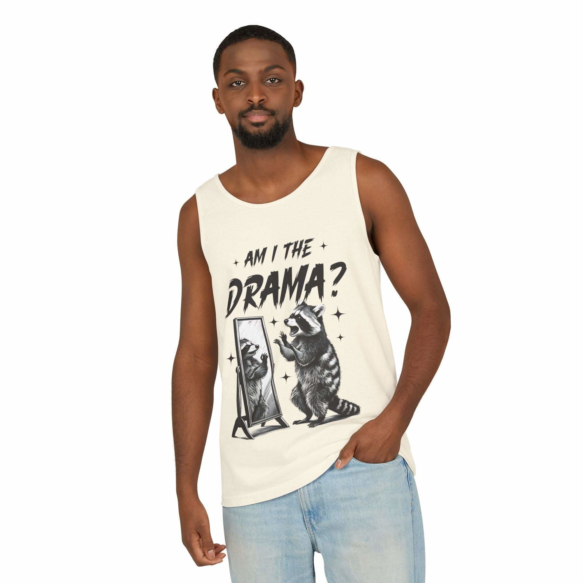 Casual white tank top with "Am I The Drama?" raccoon design, relaxed fit for summer and festival wear