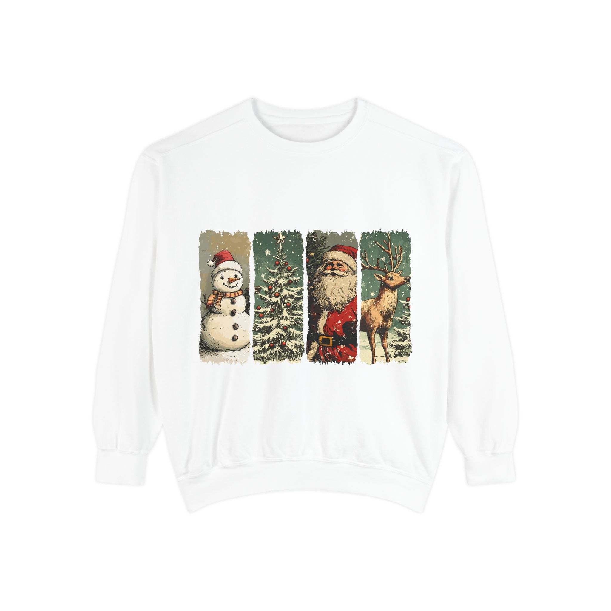 White vintage Christmas sweatshirt with watercolor snowman, tree, Santa, and reindeer design