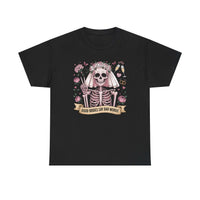 Bride skull illustration tee with smiling skeleton bride, roses, champagne flutes, and "Good brides say bad words" banner on white cotton shirt