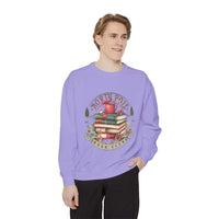 Man wearing vintage North Pole Book Club sweatshirt with holiday book stack design
