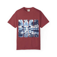 Blue Chinoise Brushstroke T-Shirt with soft blue chinoiserie brushstroke design on garment-dyed cotton tee