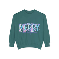 unisex sweatshirt with iridescent Merry Christmas design in pastel colors on teal fabric