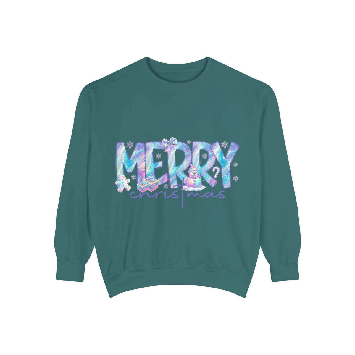 unisex sweatshirt with iridescent Merry Christmas design in pastel colors on teal fabric