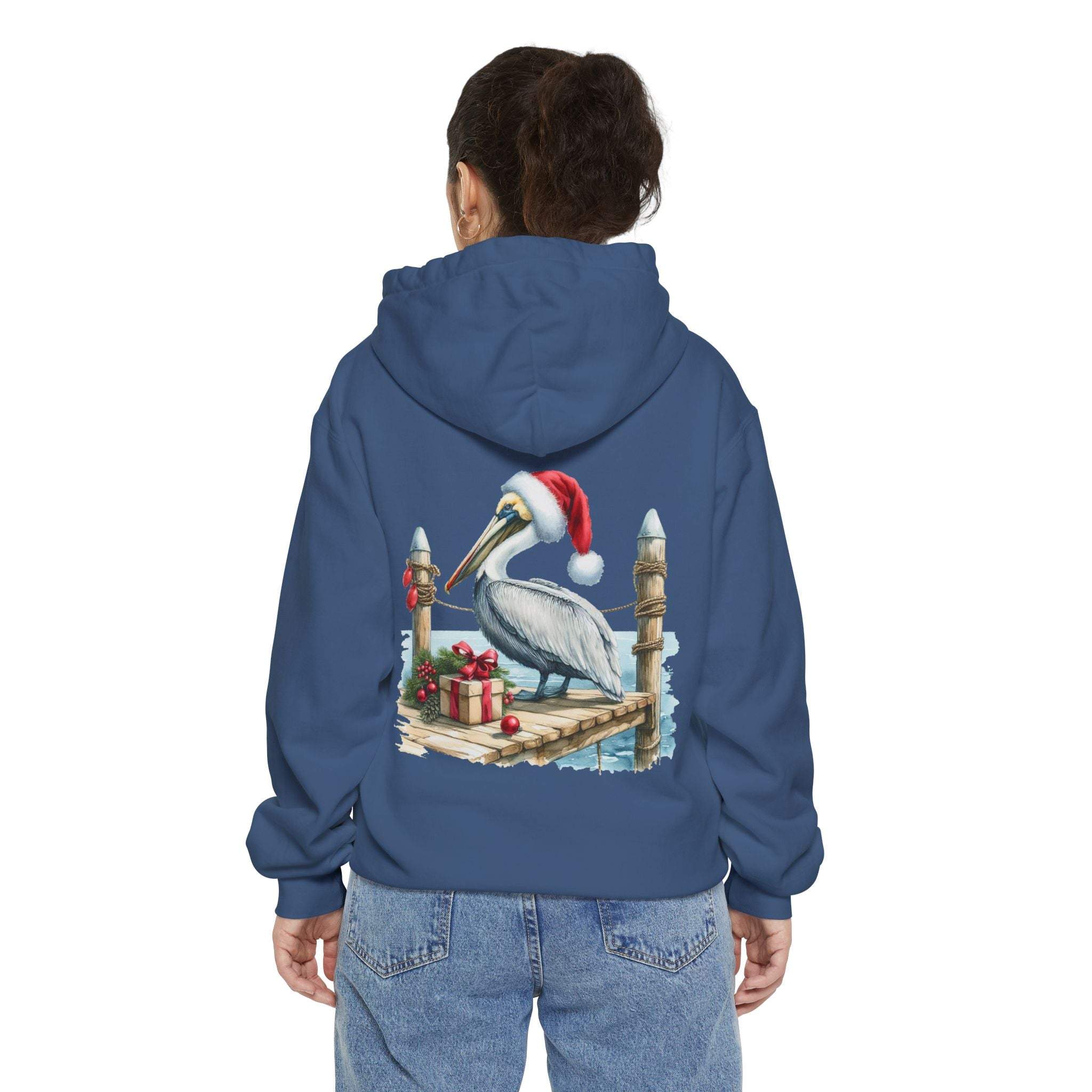 blue hoodie with pelican wearing santa hat and christmas gifts design on back