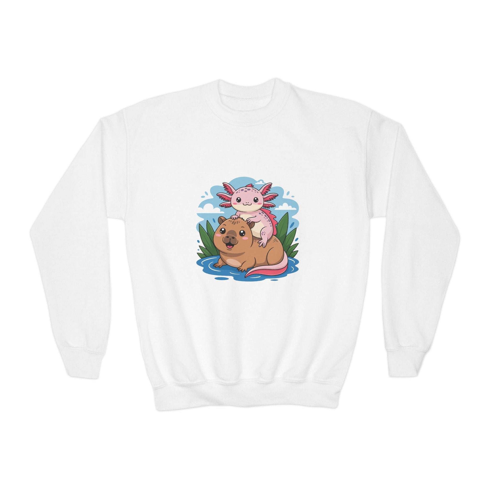 White sweatshirt with a cartoon design of a dog and axolotl on a white background