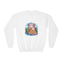 White sweatshirt with a cartoon design of a dog and axolotl on a white background