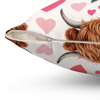 Floral Valentine Highland cow pillow with muted beige tones and delicate blossoms for rustic and cottage decor