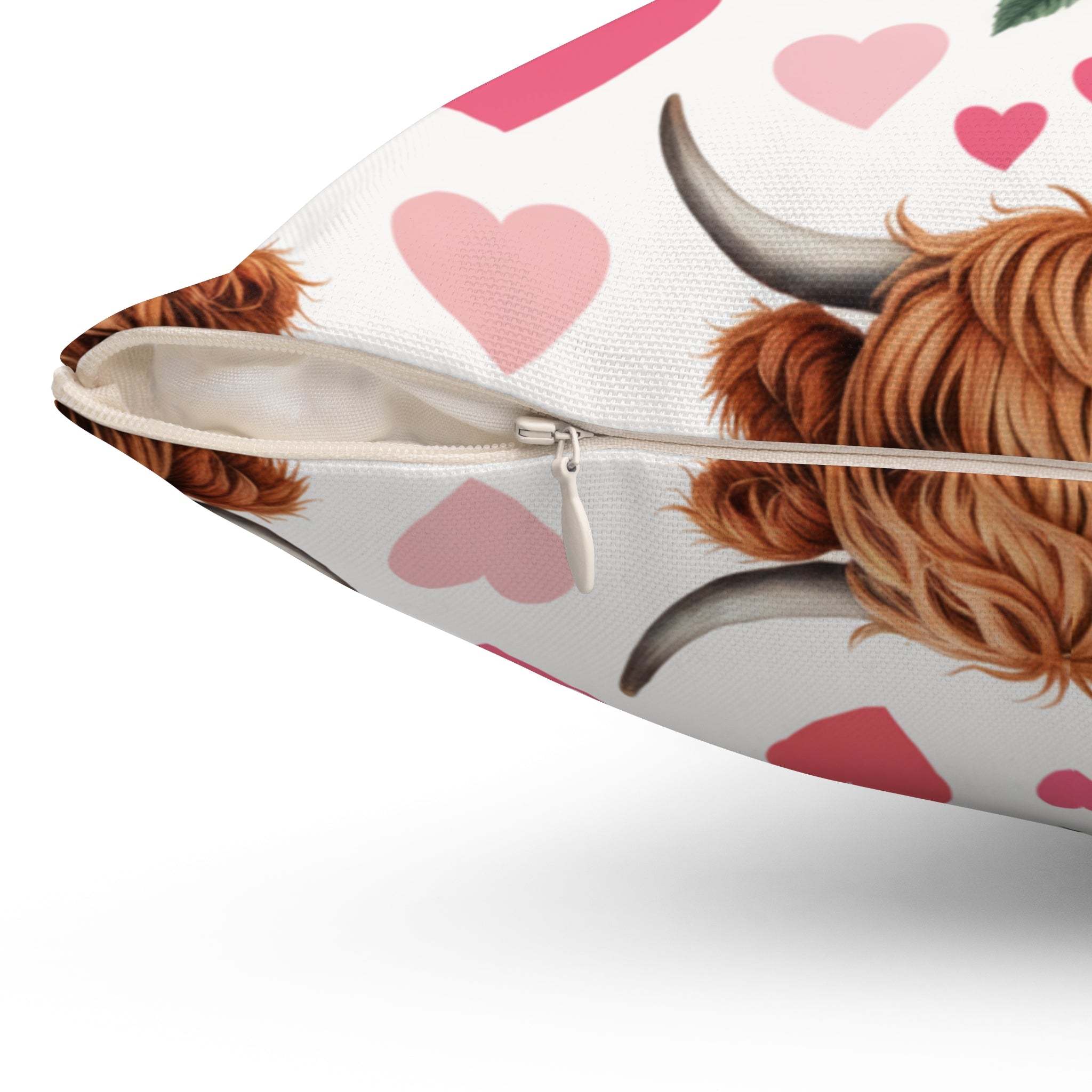 Floral Valentine Highland cow pillow with muted beige tones and delicate blossoms for rustic and cottage decor