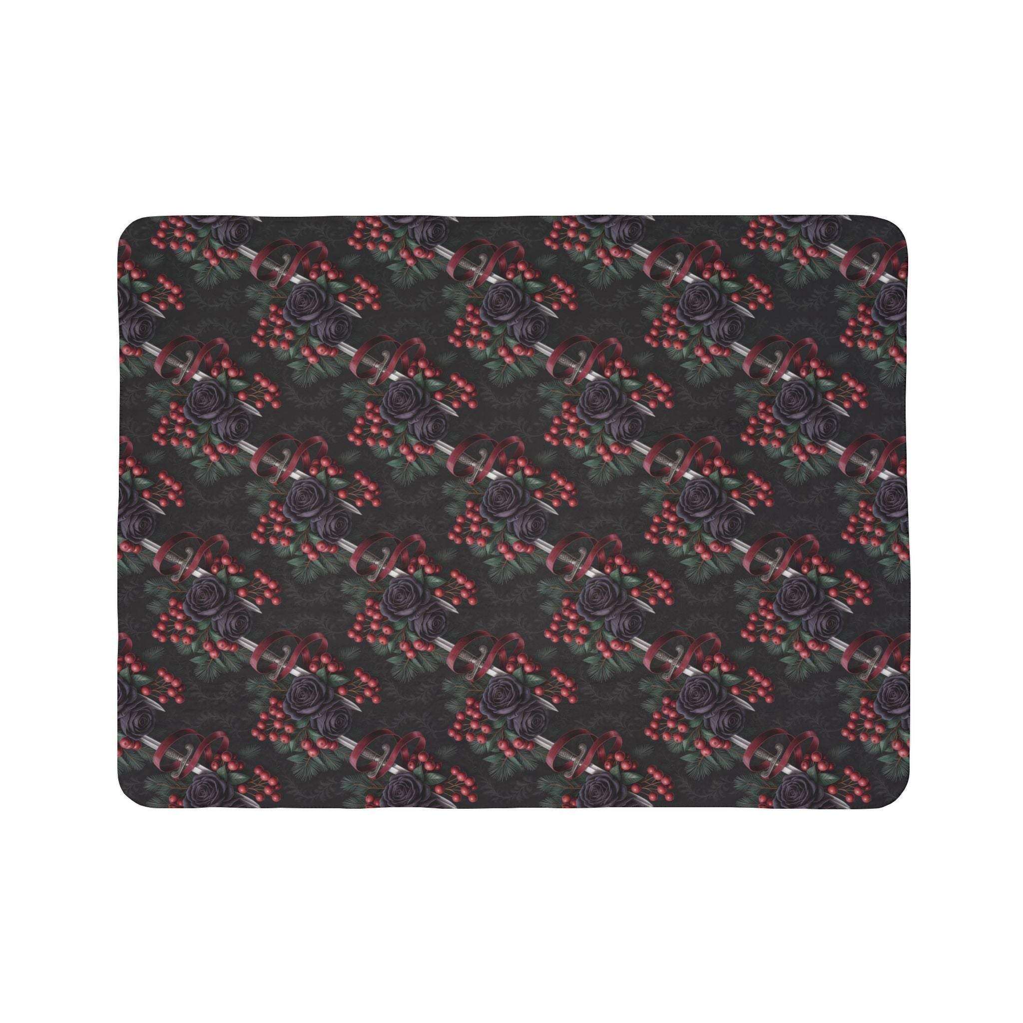 Gothmas black roses and daggers fleece sherpa blanket with dark floral and dagger pattern, plush and cozy.