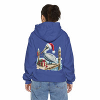 True Navy hoodie featuring a pelican in a Santa hat design by Printify