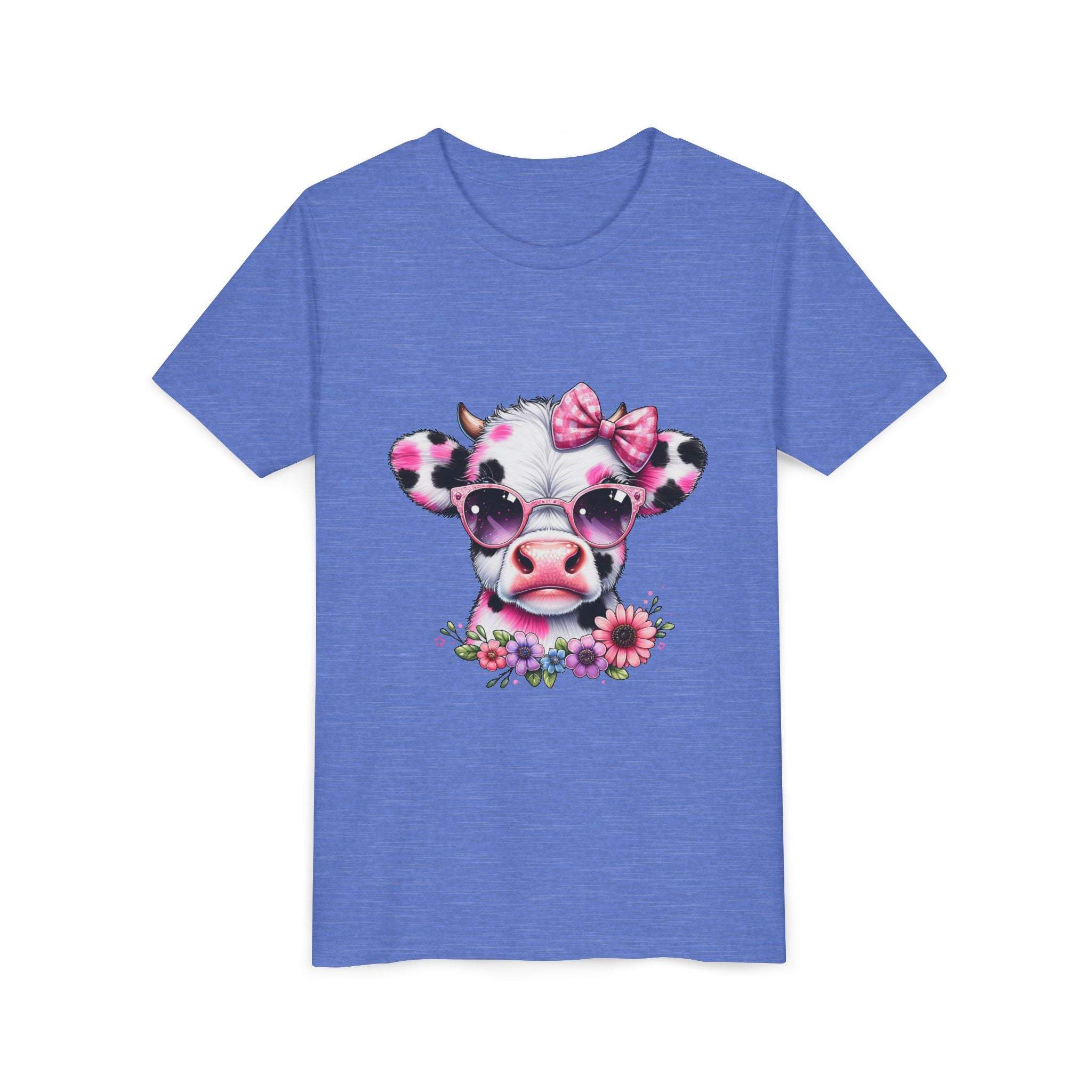 Pink floral highland cow graphic youth tee shirt for kids