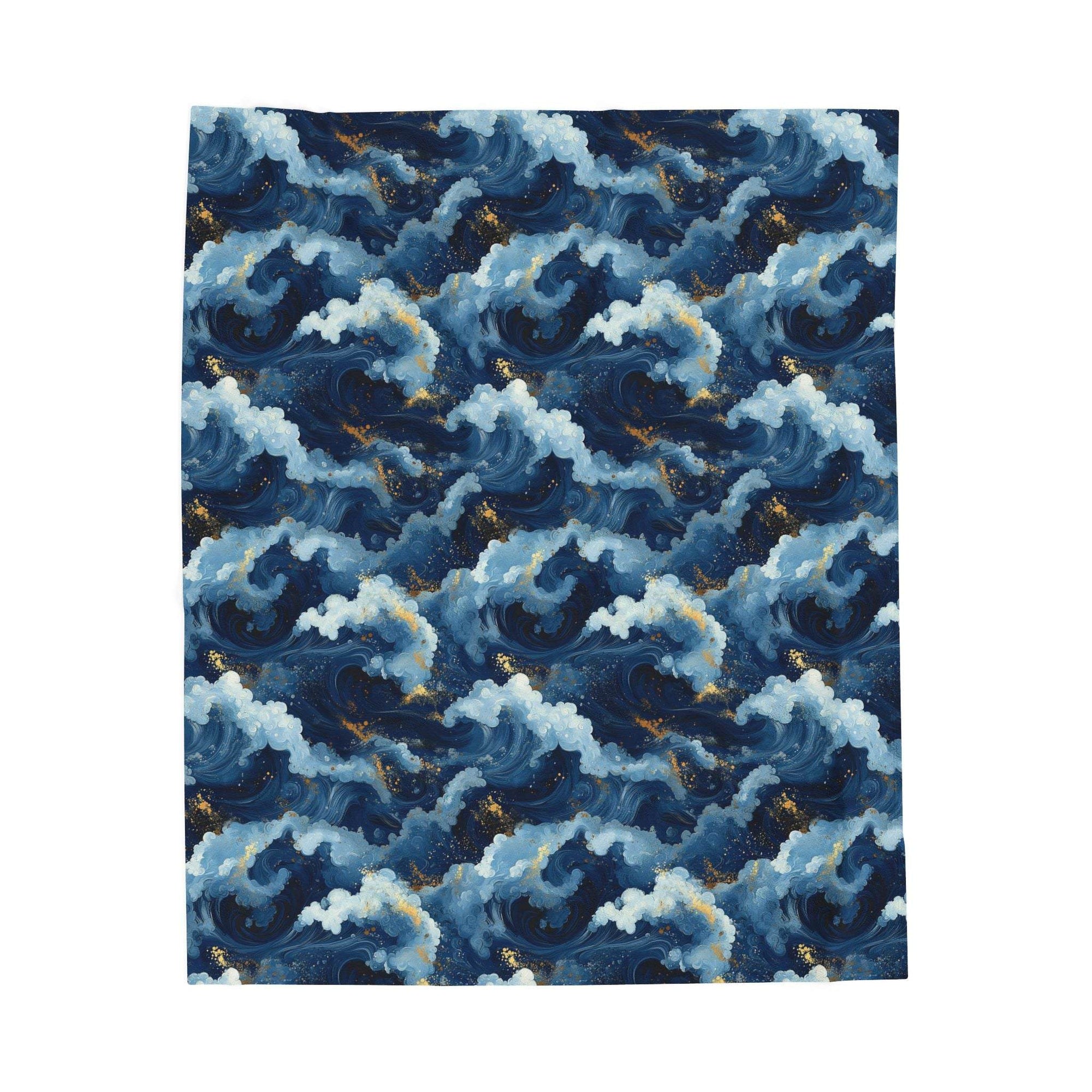 Navy blue velveteen plush blanket with high-detail ocean wave pattern and gold moonlight accents