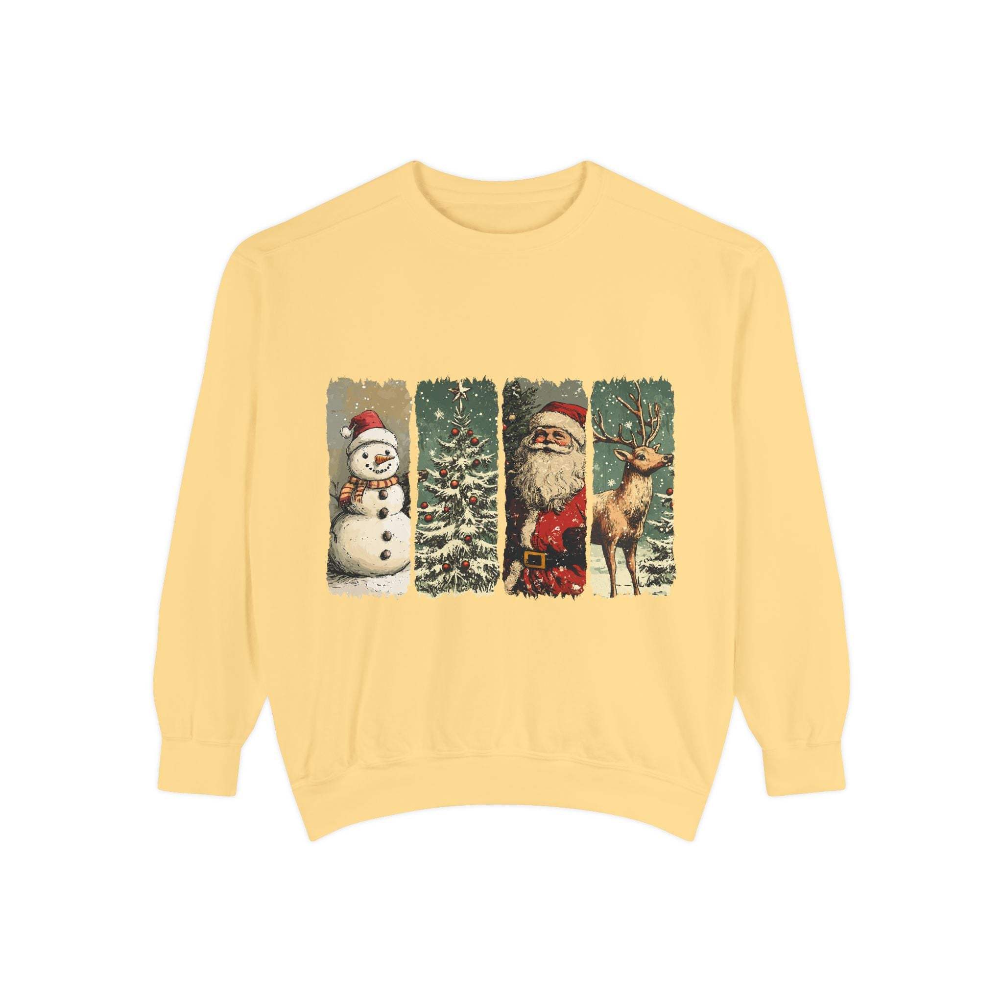 Vintage Christmas sweatshirt in yellow with watercolor swatches of snowman, Christmas tree, Santa, and reindeer design