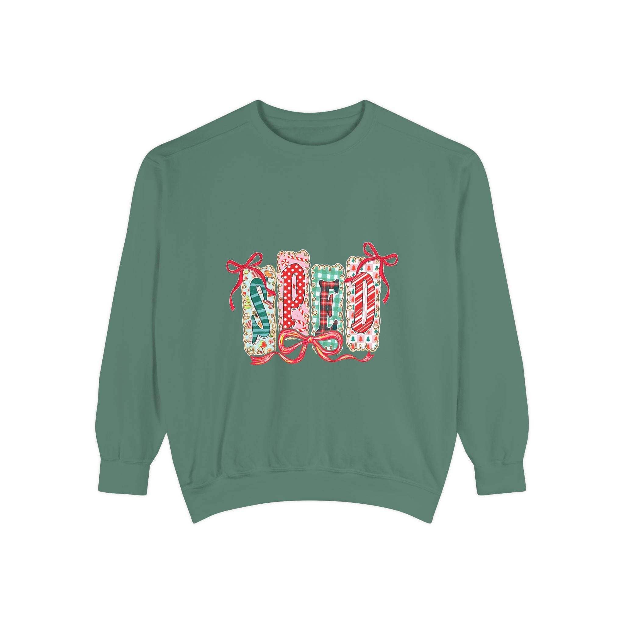 Pepper garment-dyed sweatshirt for preppy SPED teachers, featuring a festive Christmas design by Printify