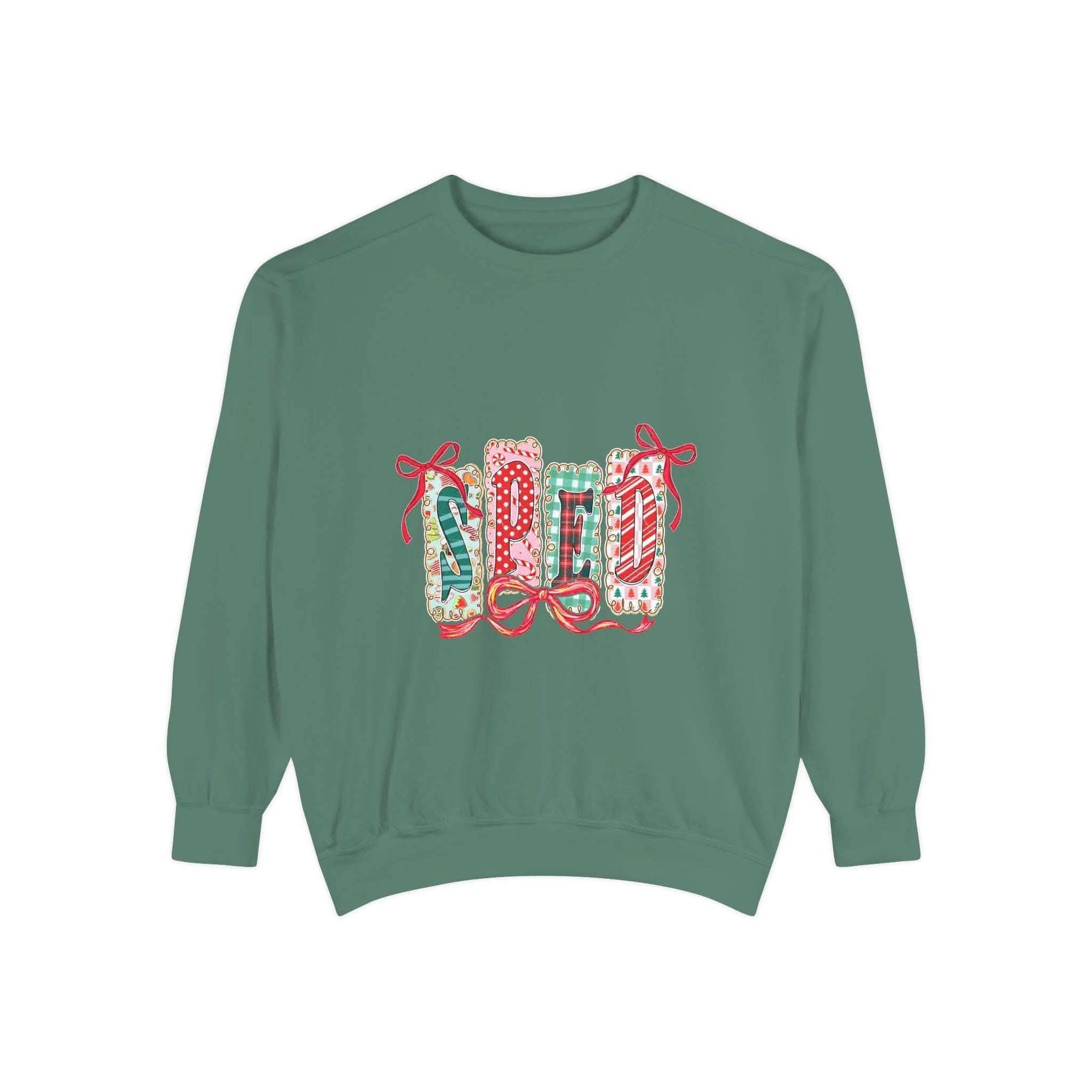 Pepper garment-dyed sweatshirt for preppy SPED teachers, featuring a festive Christmas design by Printify