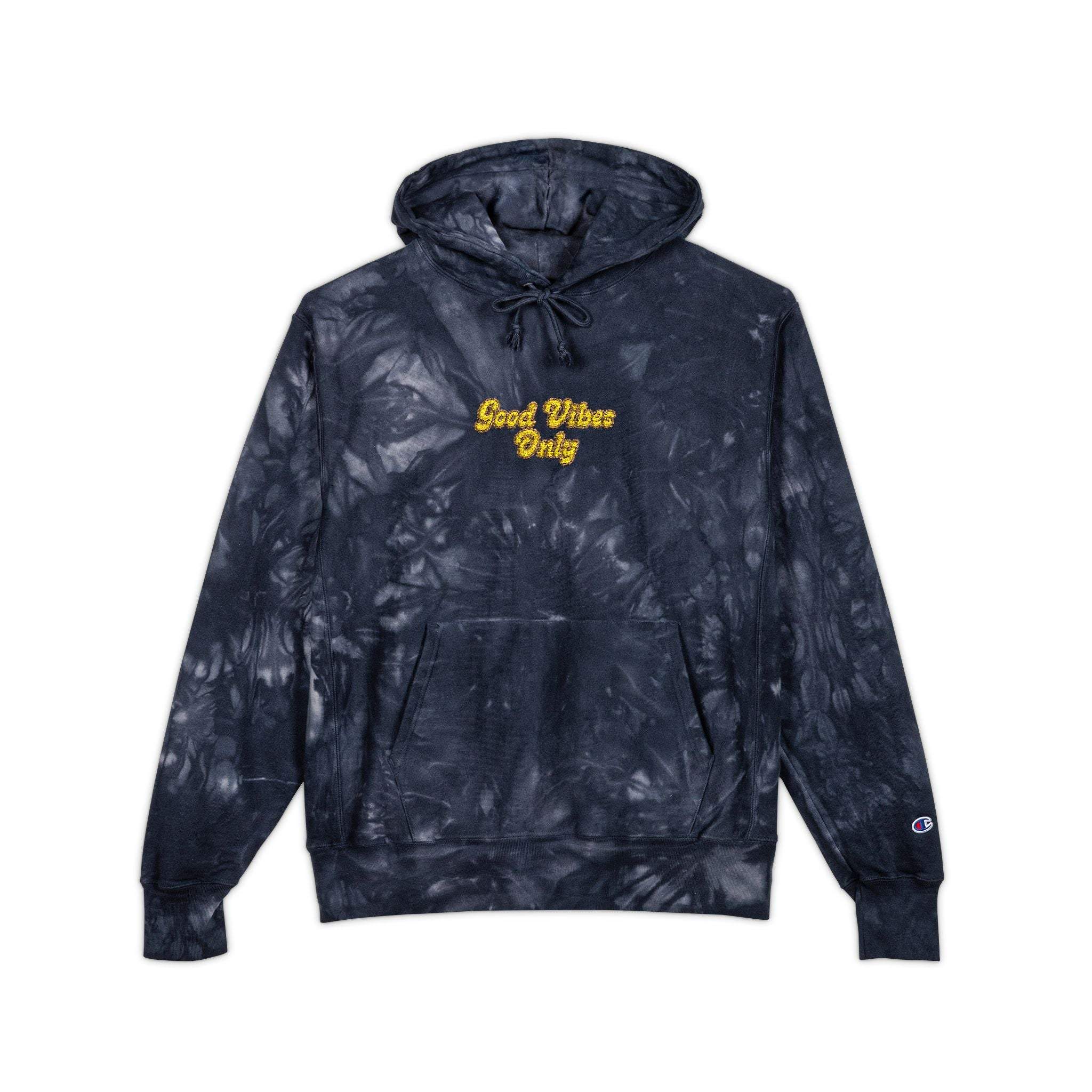 Mulled Berry tie-dye hoodie with 'Good Vibes Only' embroidery by Printify