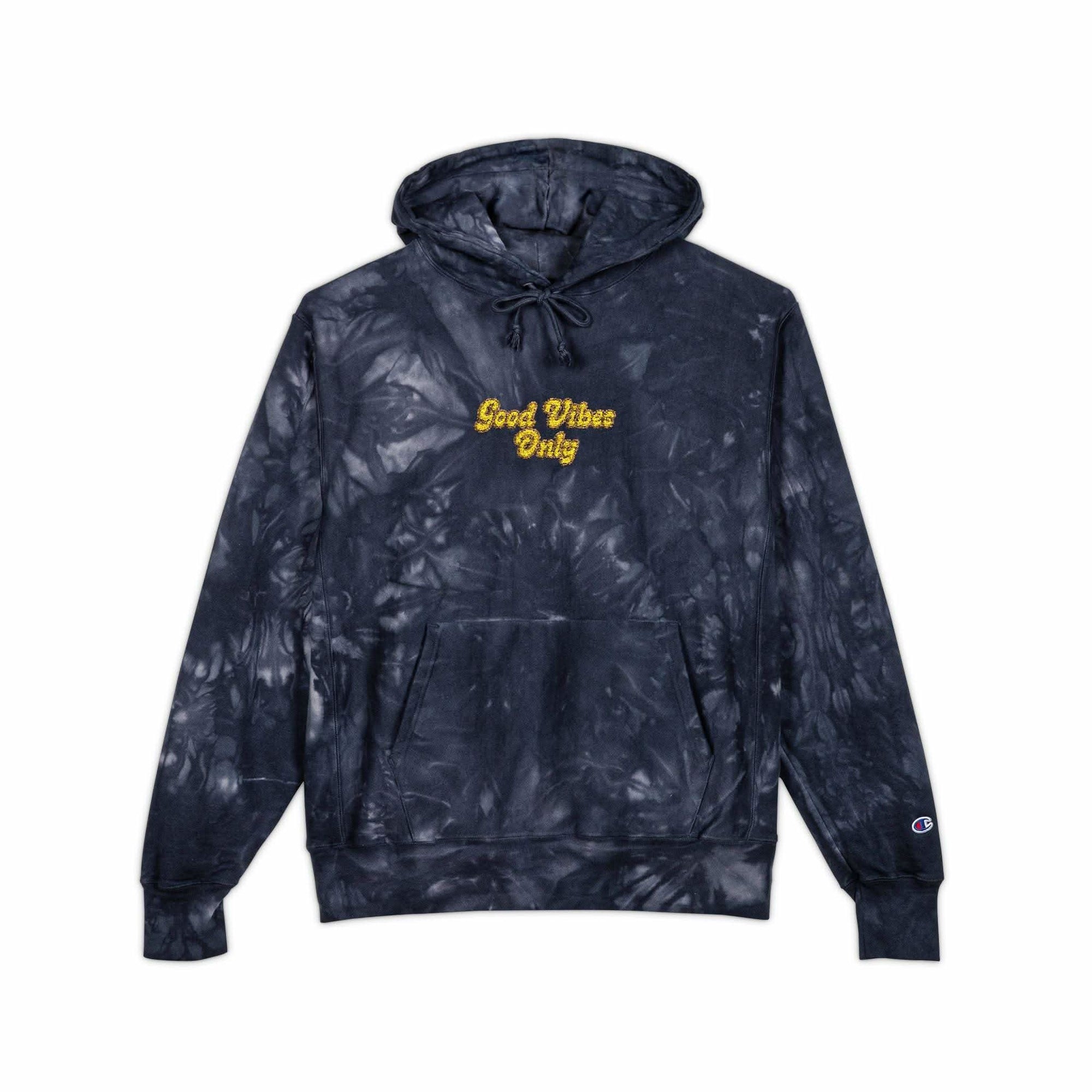 Mulled Berry tie-dye hoodie with 'Good Vibes Only' embroidery by Printify