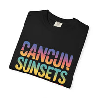 Black t-shirt with 'Cancun Sunsets' in colorful letters on a white background