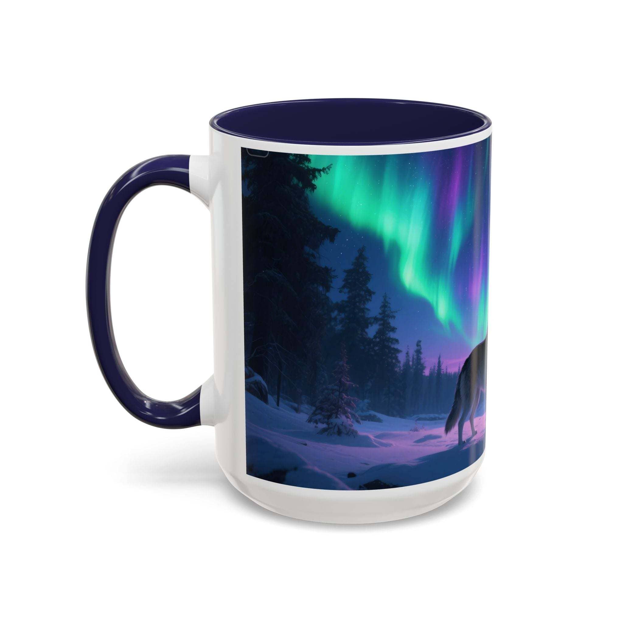 Ceramic mug with howling wolf and northern lights aurora borealis design, navy blue handle and interior, 11oz size