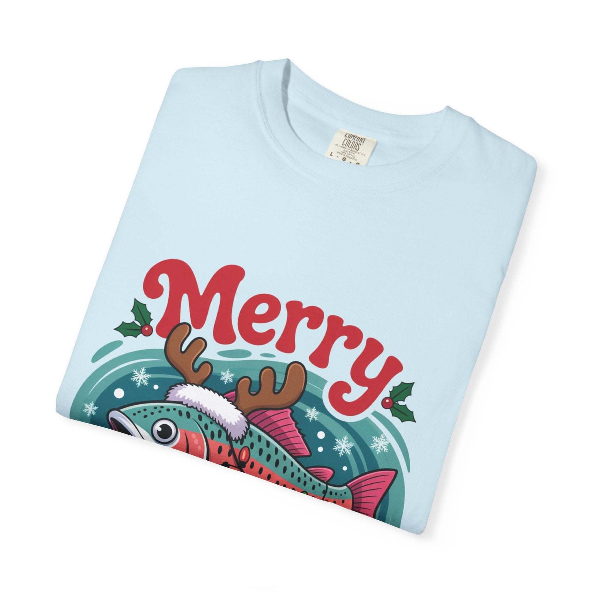True Navy garment-dyed t-shirt featuring Merry Fishmas design for fishermen, by Printify