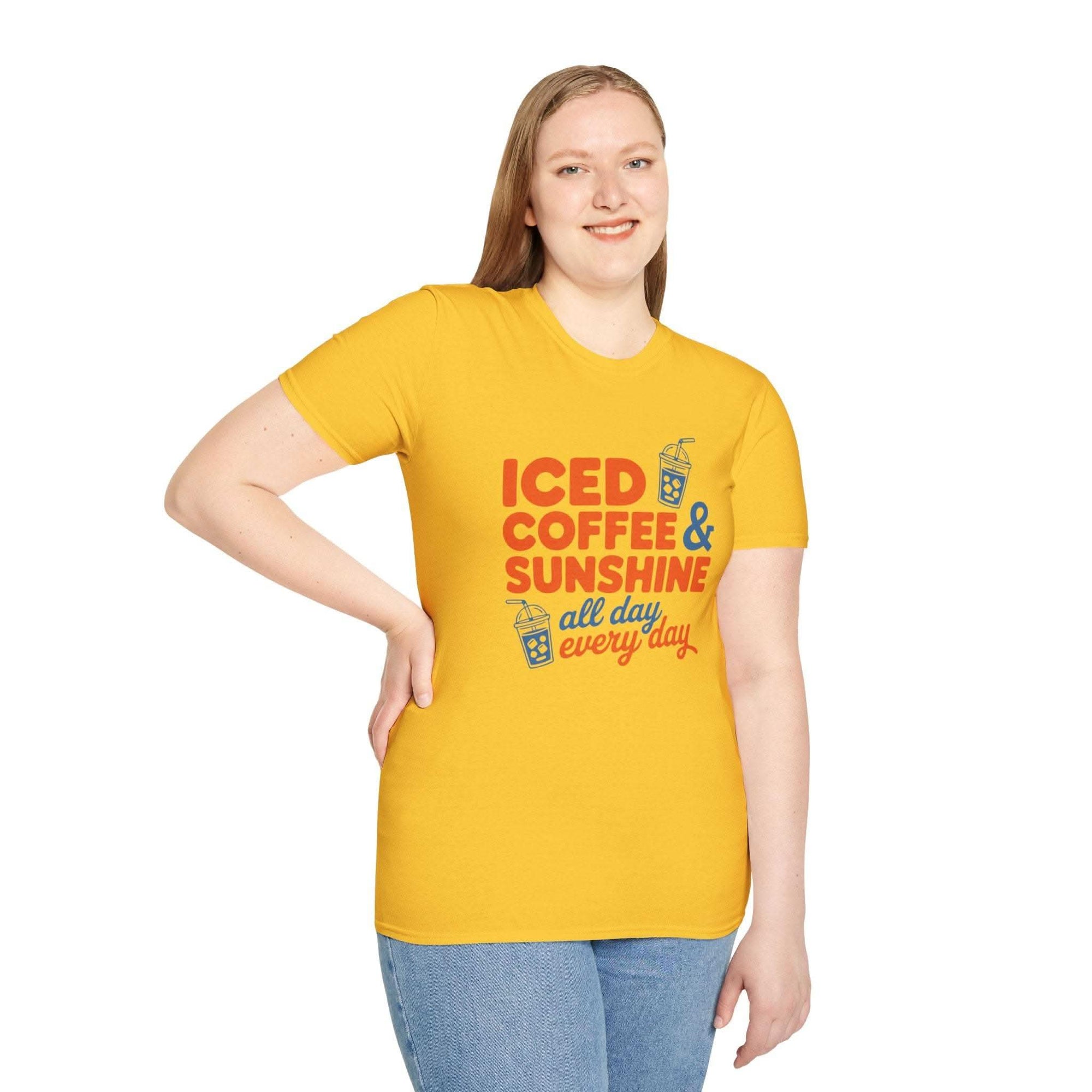 Iced Coffee & Sunshine casual summer T-shirt with playful iced coffee cup print and bright sunshine vibe