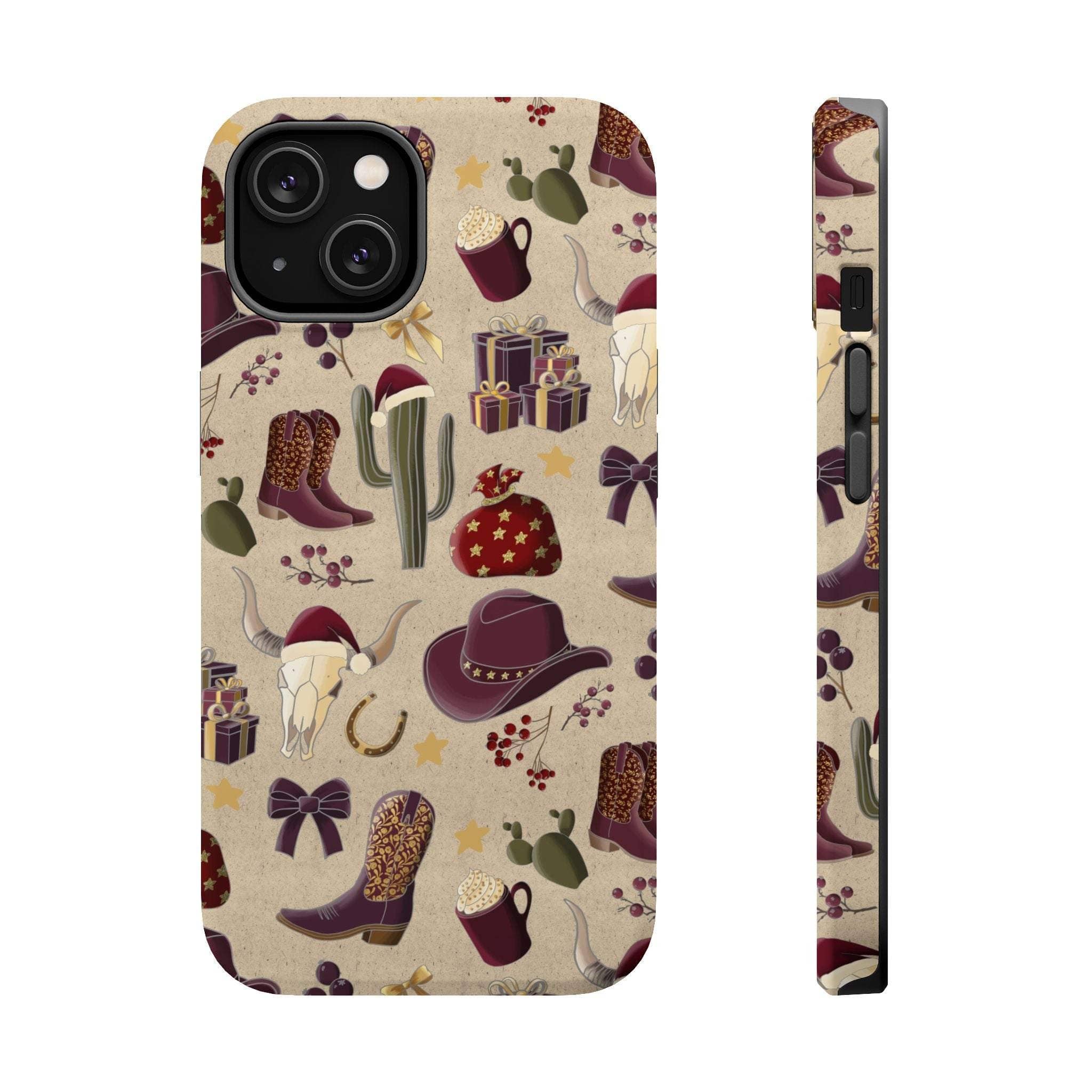 Festive cowboy Christmas design phone case for iPhone 17, available in glossy and matte finishes by Printify.