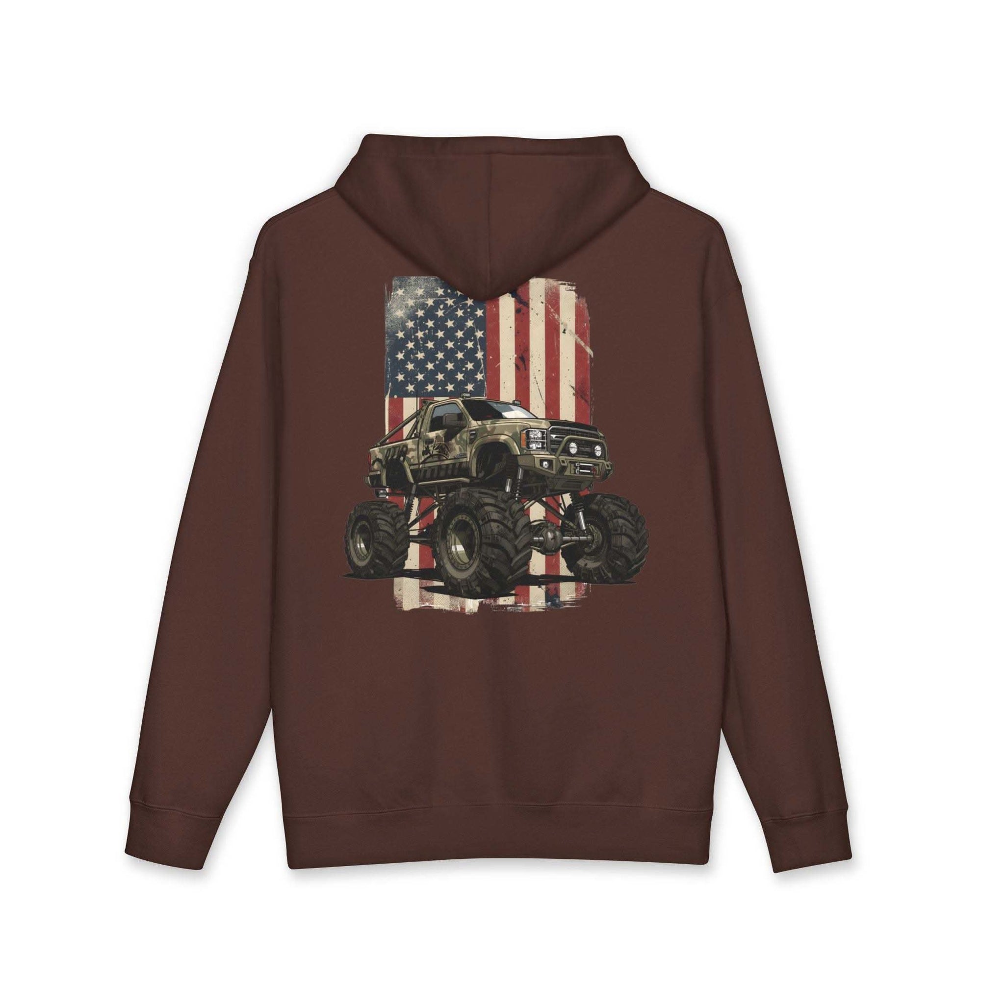 American Flag Monster Truck hoodie with camouflage truck graphic and distressed flag design on heavyweight fabric