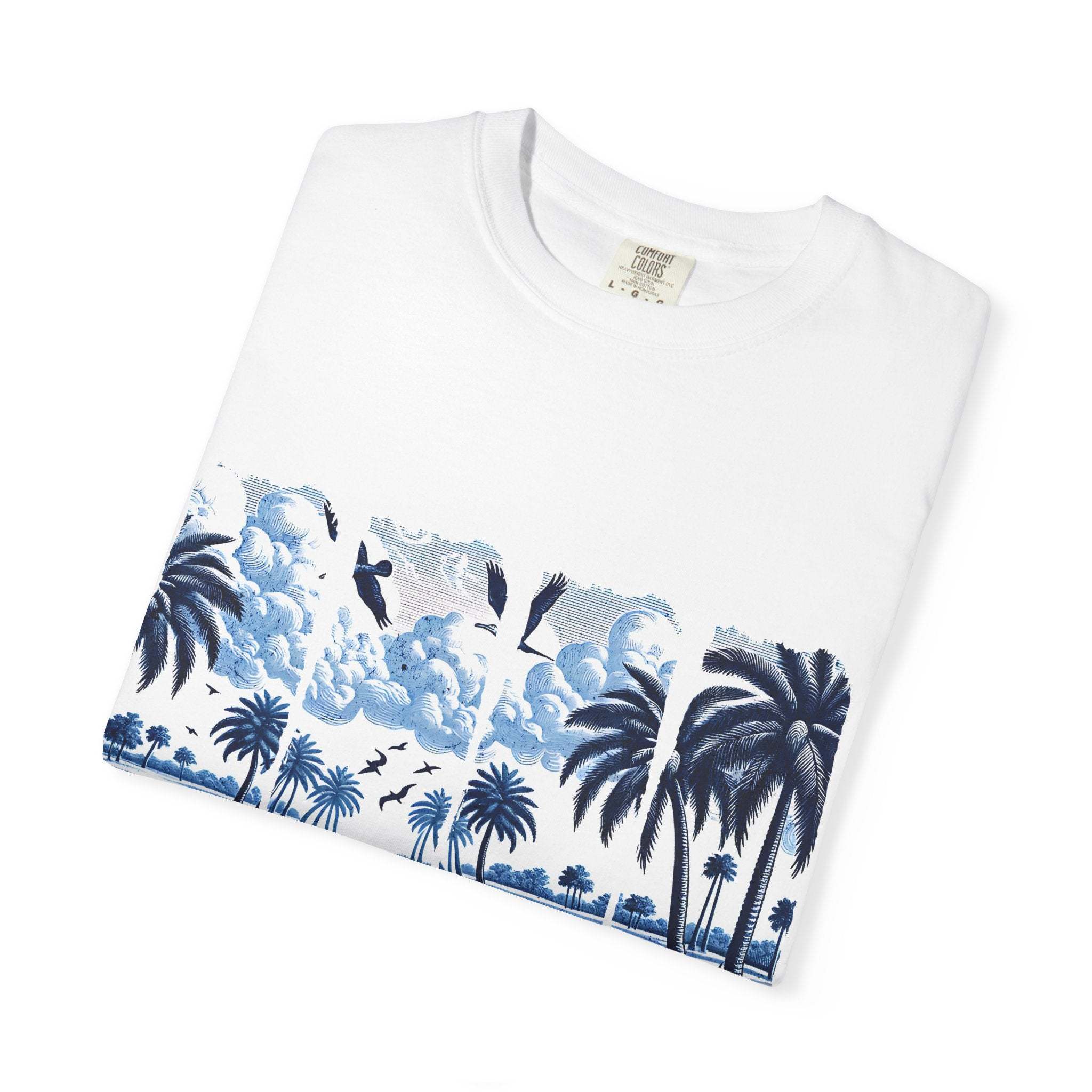 Blue Chinoise Brushstroke T-Shirt with garment-dyed cotton and soft blue chinoiserie brushstroke design