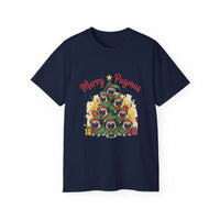 Black Merry Pugmas holiday t-shirt from Printify, featuring festive pug design for dog lovers.