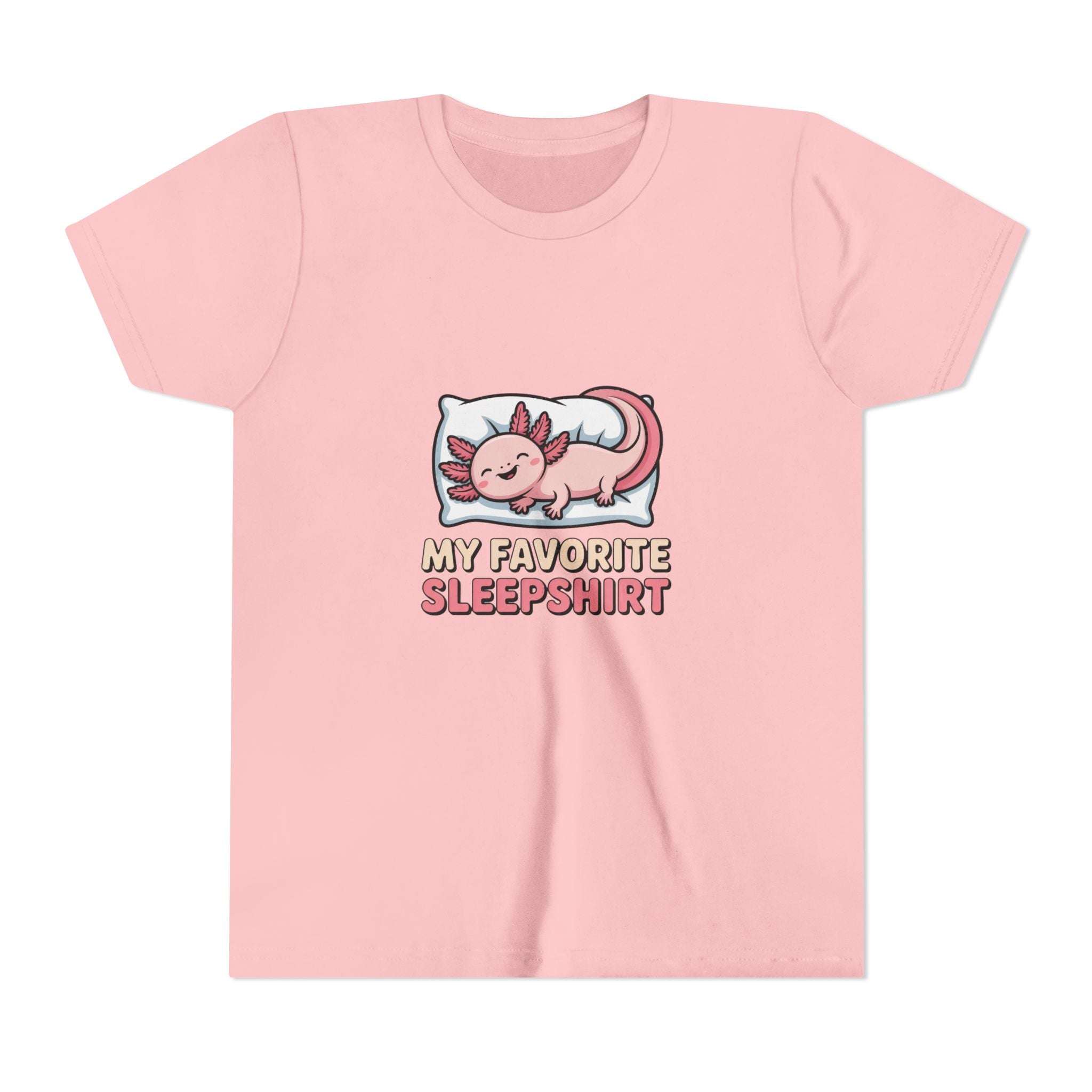 Pink t-shirt with axolotl graphic and text 'My Favorite Sleepshirt' on a white background