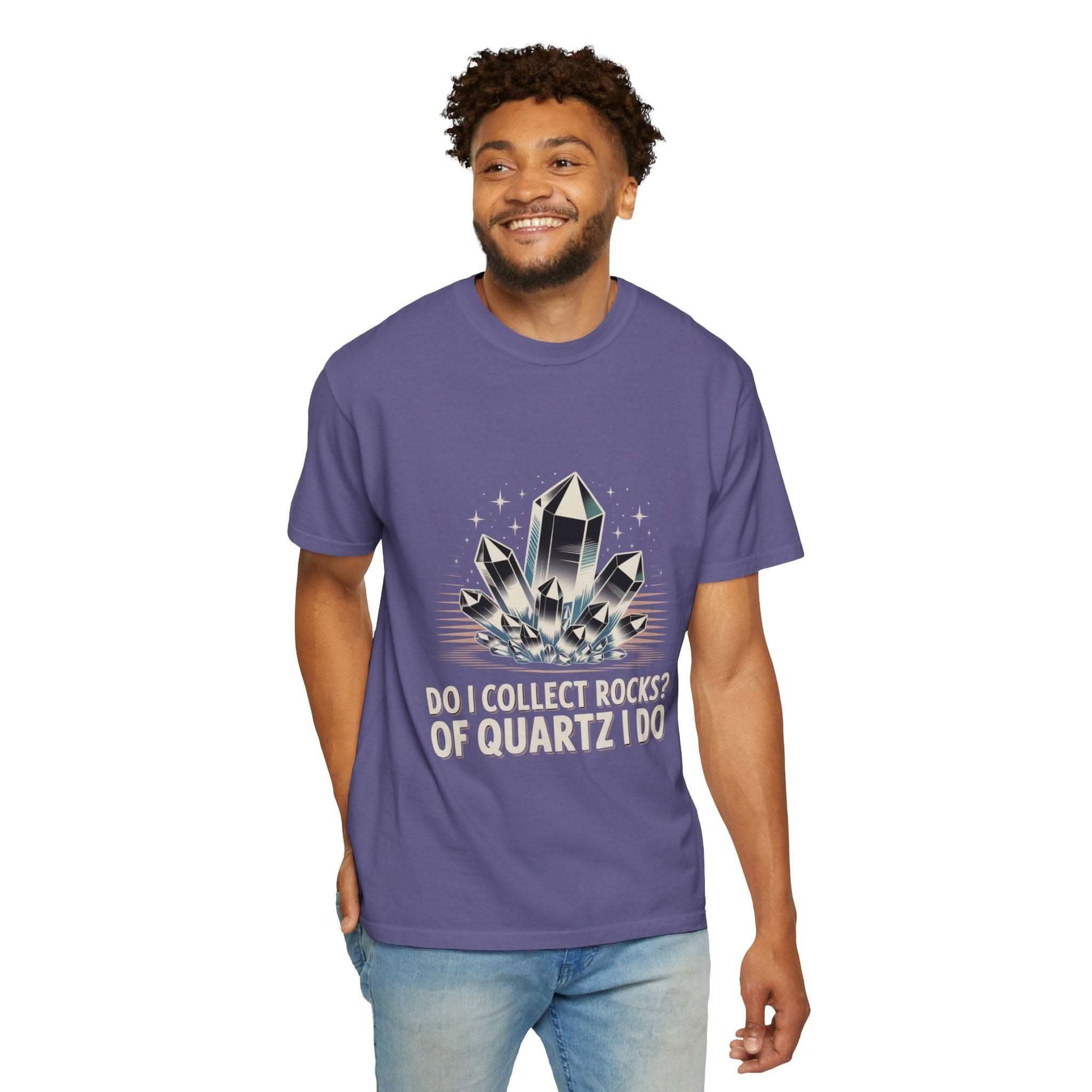 Man wearing a purple t-shirt with a graphic design and text on a white background