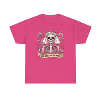 Bride Skull Illustration Tee with smiling skeleton bride, roses, and banner reading "Good brides say bad words" on white cotton shirt