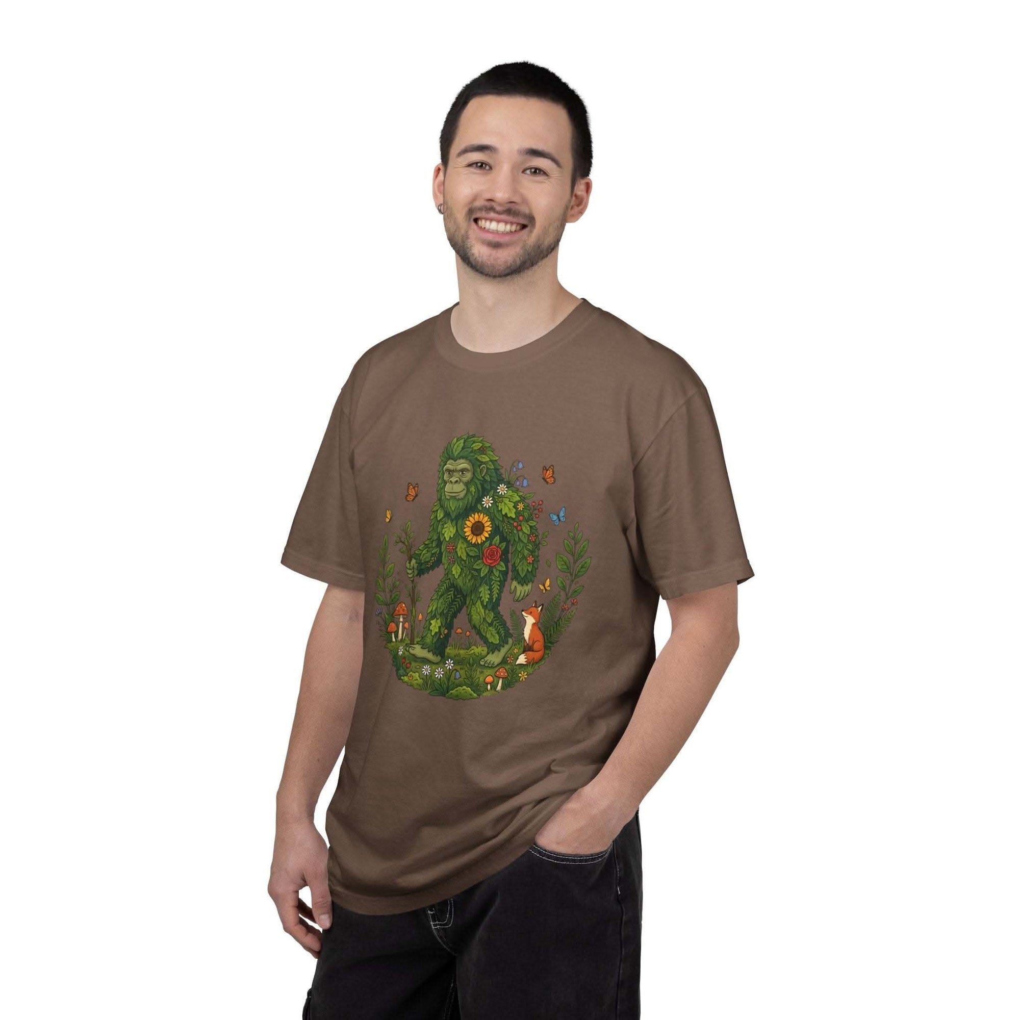 Forest Sasquatch Illustration T-shirt with floral woodland Bigfoot and fox design on vintage cotton fabric