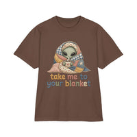 Alien in Blanket T-Shirt — "Take Me to Your Blanket" Cozy Graphic Tee