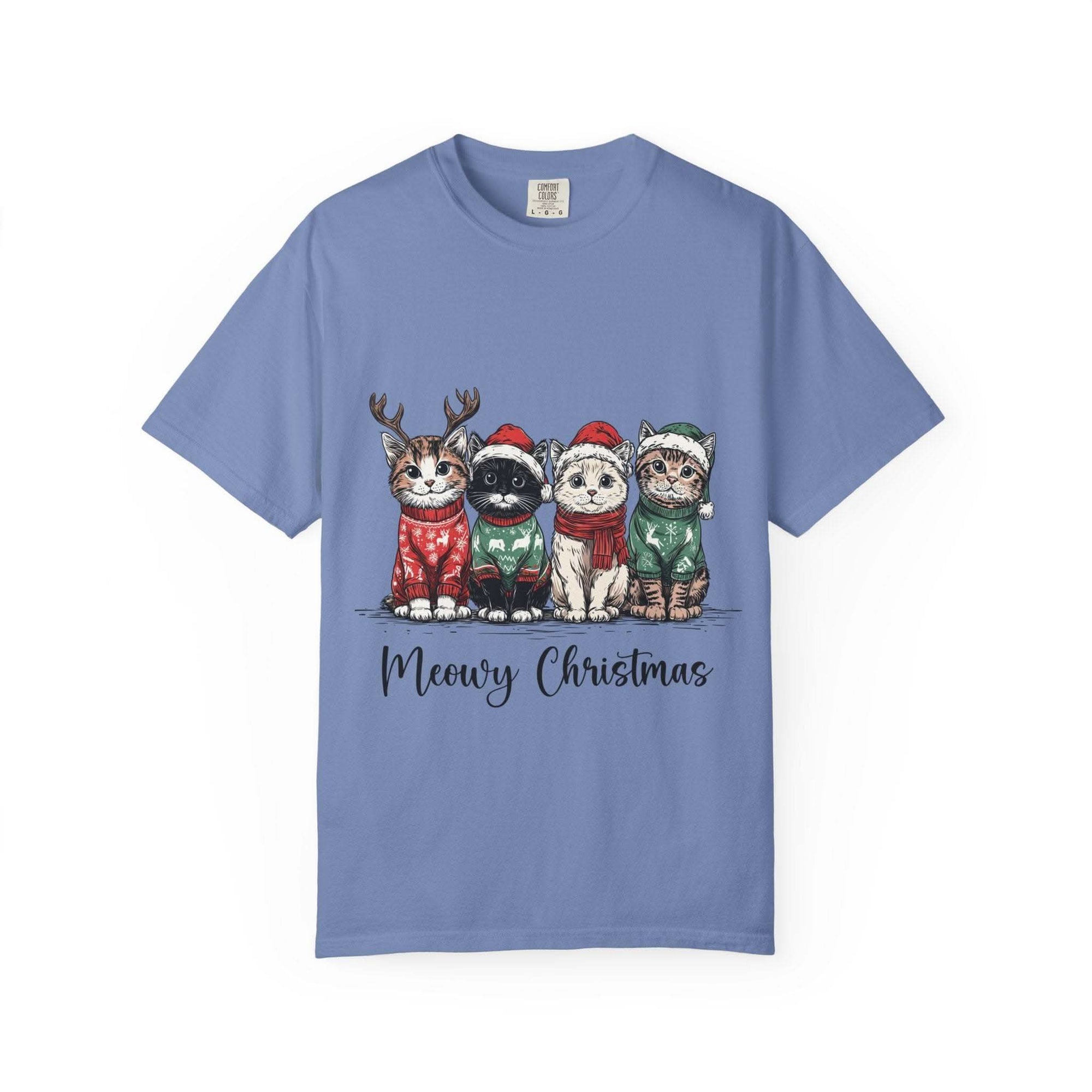 Bay Cat Lover T-shirt with Meowy Christmas design from Printify, perfect festive gift for cat enthusiasts.