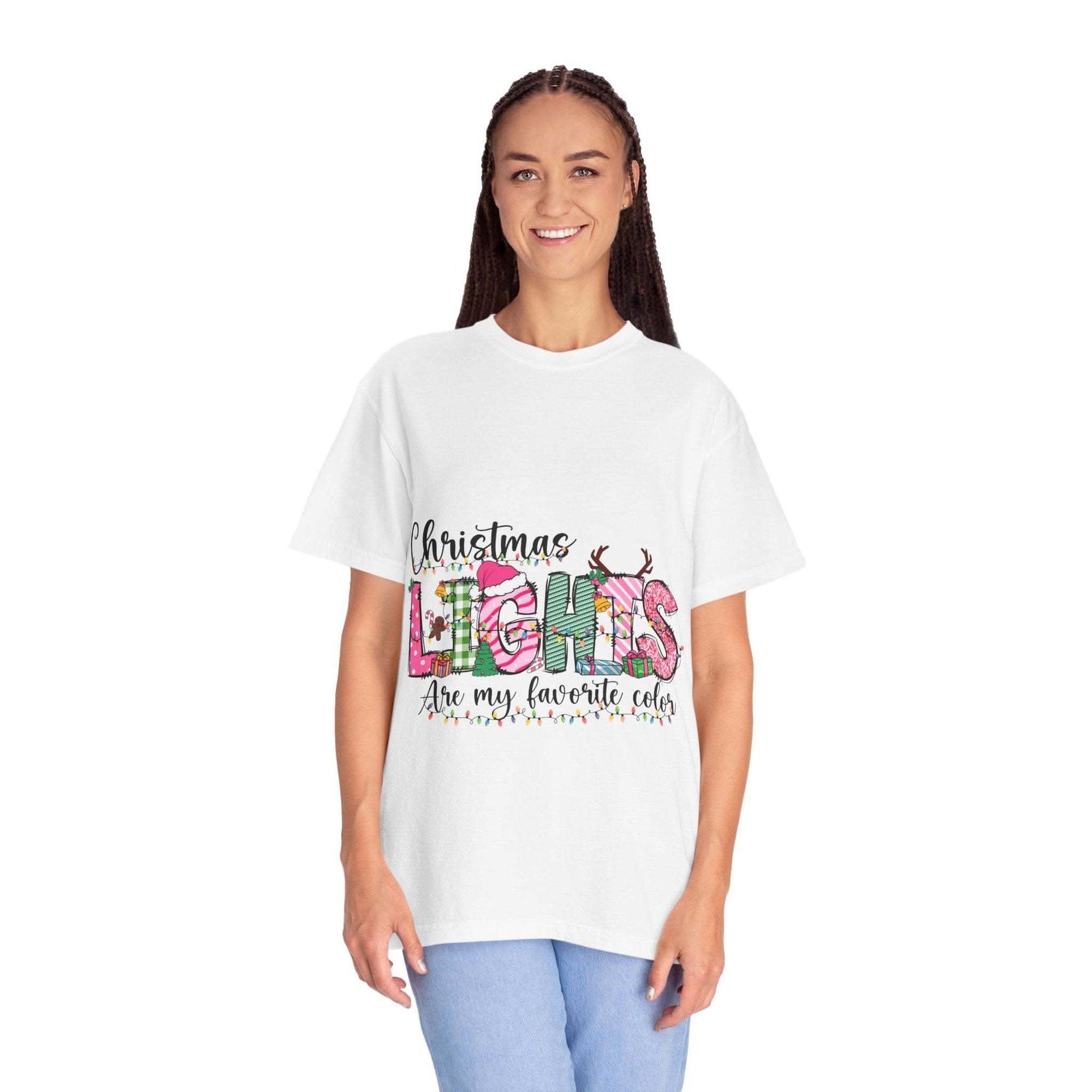 Christmas Lights Are My Favorite Color T-shirt in soft garment-dyed cotton with festive holiday text design