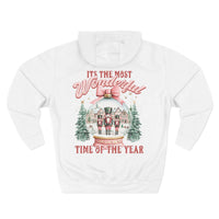 White fleece hoodie with pink snow globe and nutcracker holiday design, cozy winter comfort