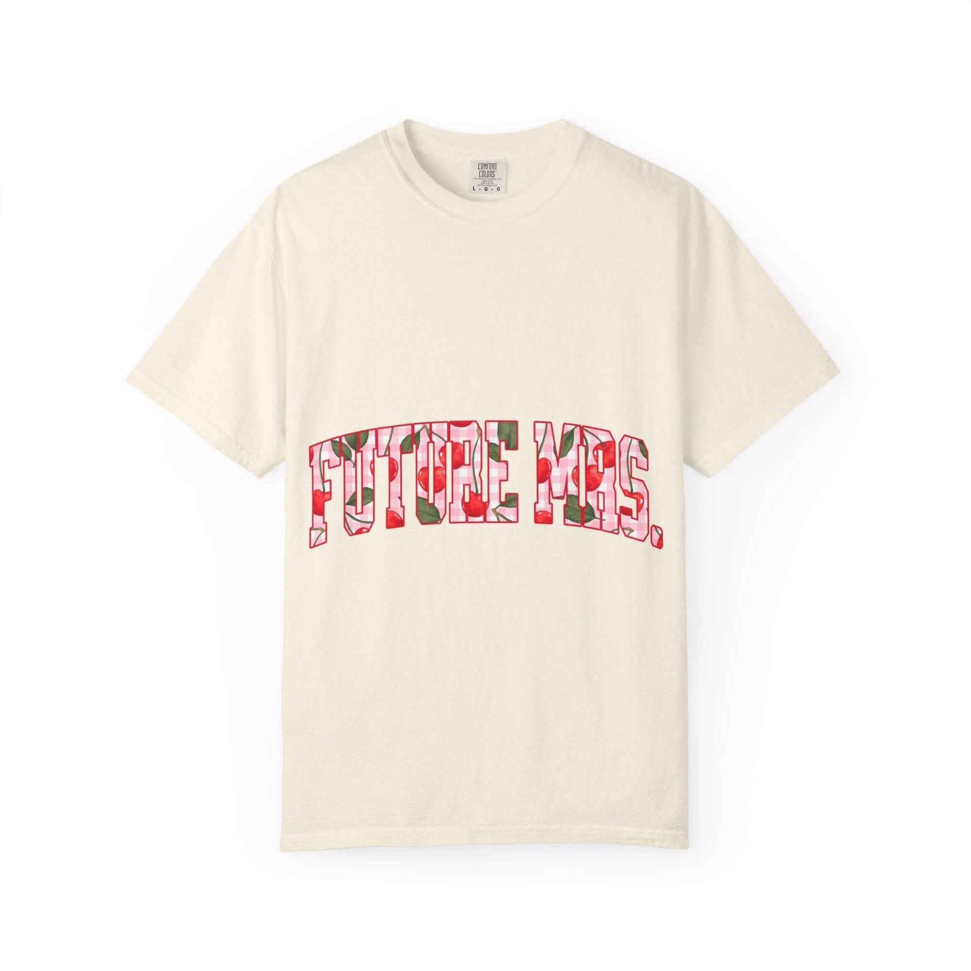 Future Mrs Cherry soft garment-dyed bridal t-shirt with relaxed fit and muted colors