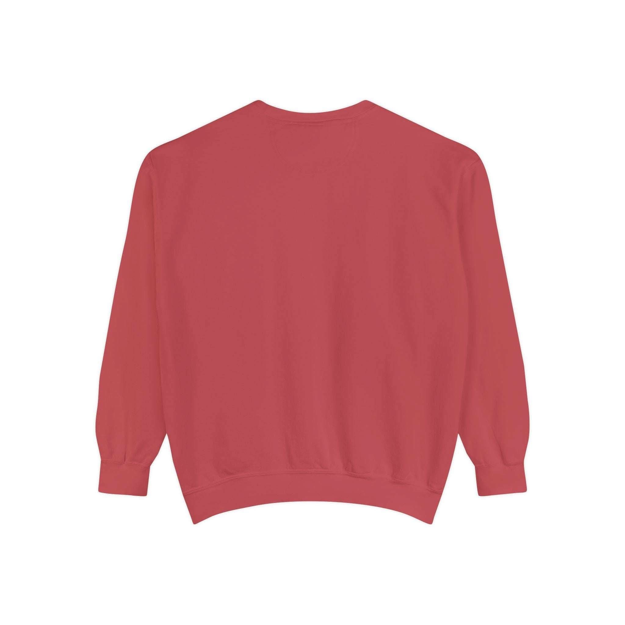 Back view of a cozy red garment-dyed sweatshirt with ribbed cuffs and hem, ideal for holiday wear