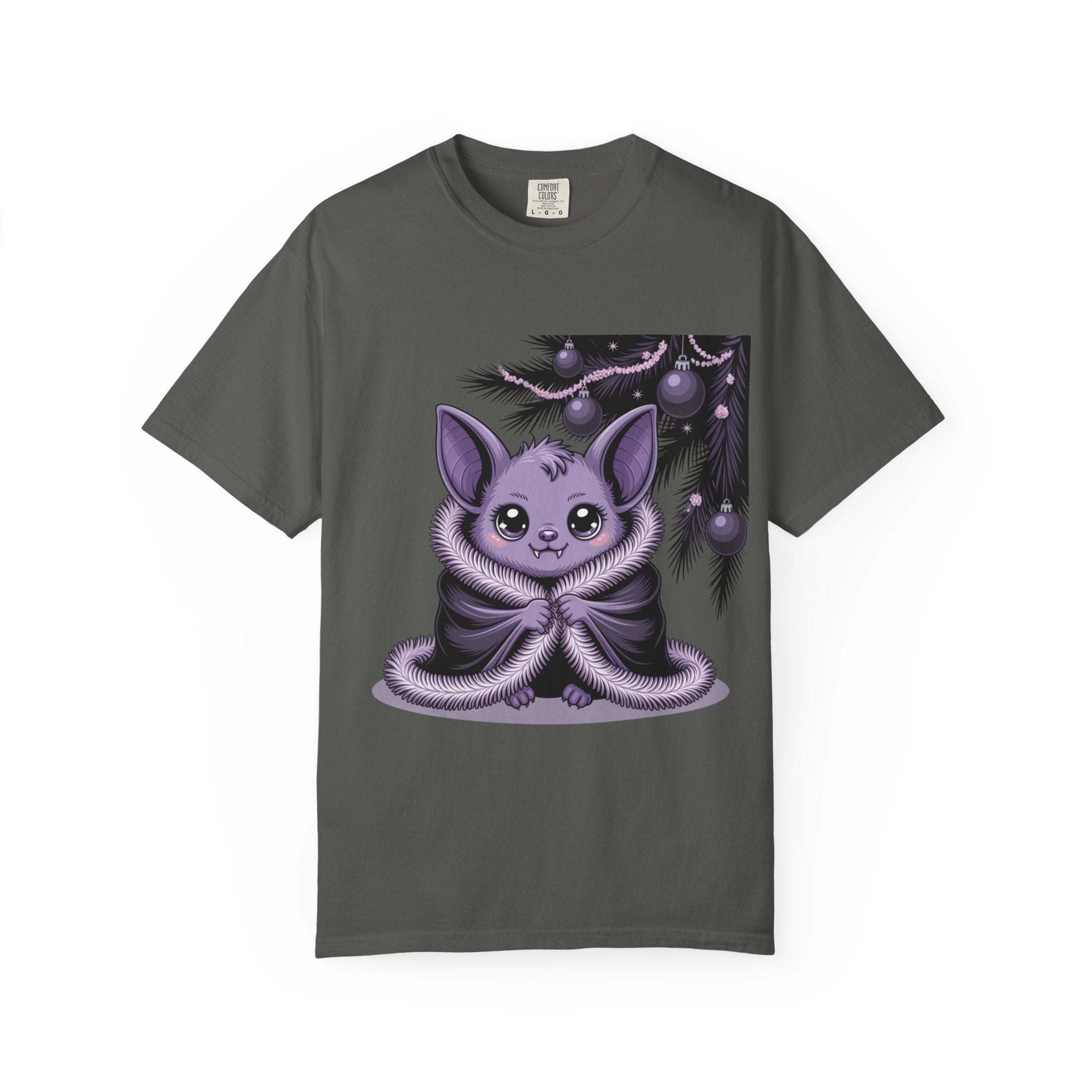 Gothmas Bat T-Shirt with purple gothic bat and holiday ornaments on dark gray garment-dyed cotton tee