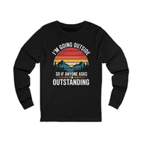 Long sleeve hiking shirt with vintage sunset mountains graphic and humorous outdoor phrase