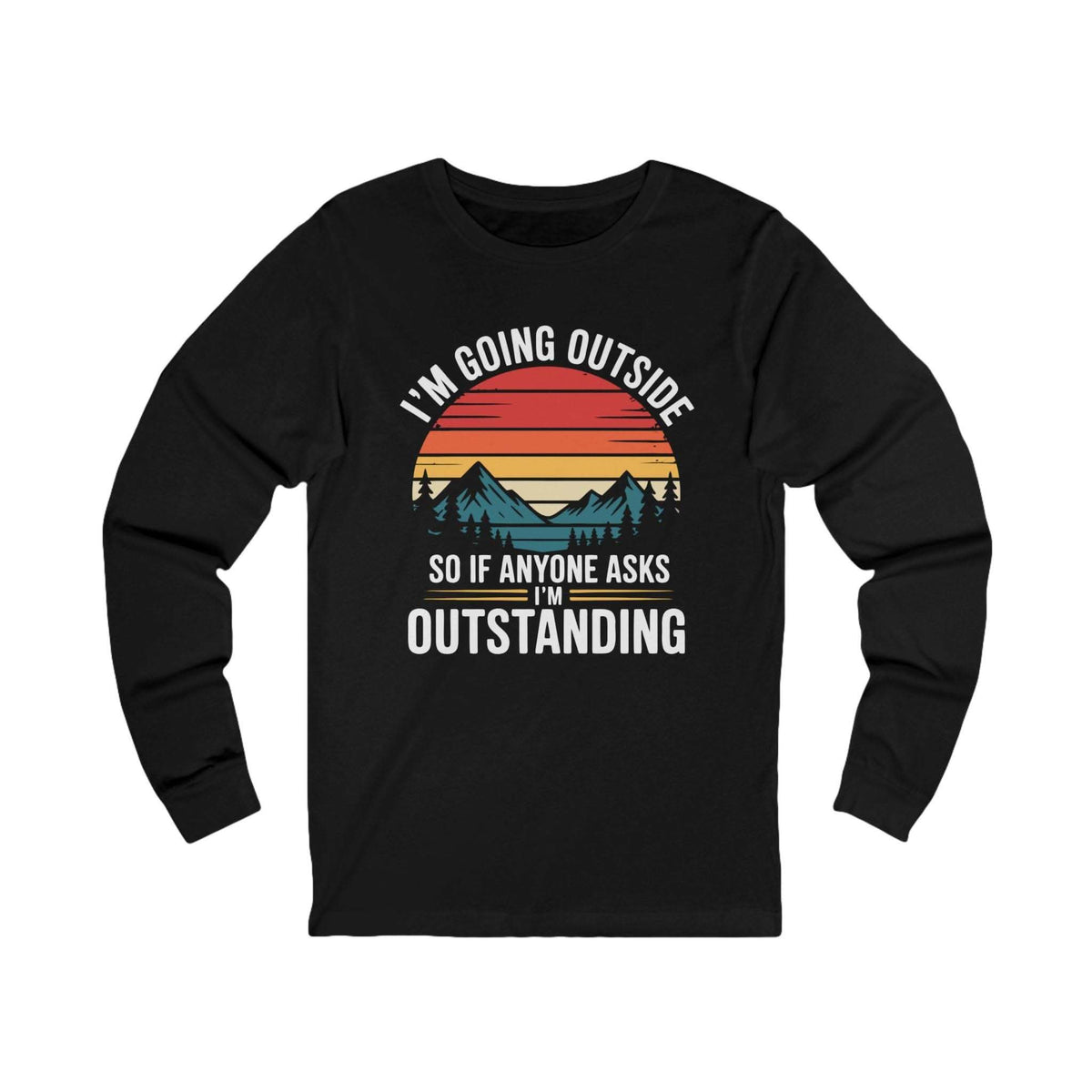 Long sleeve hiking shirt with vintage sunset mountains graphic and humorous outdoor phrase