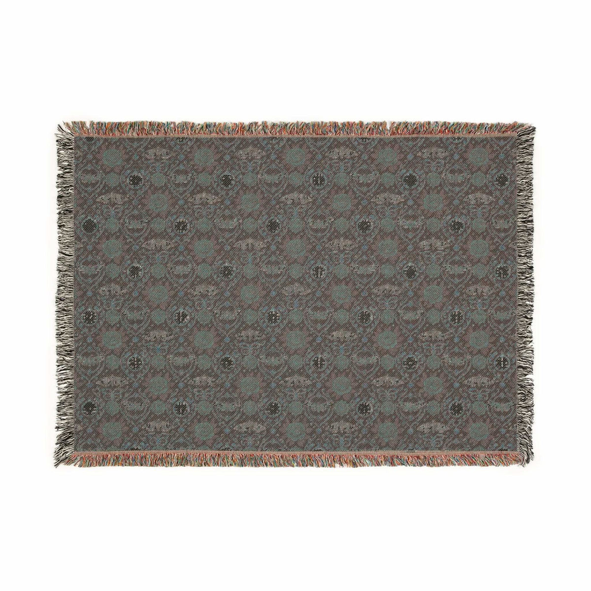 Victorian Gothmas Woven Blanket with deep blacks, faded crimson, holly greens, and colorful fringed edges
