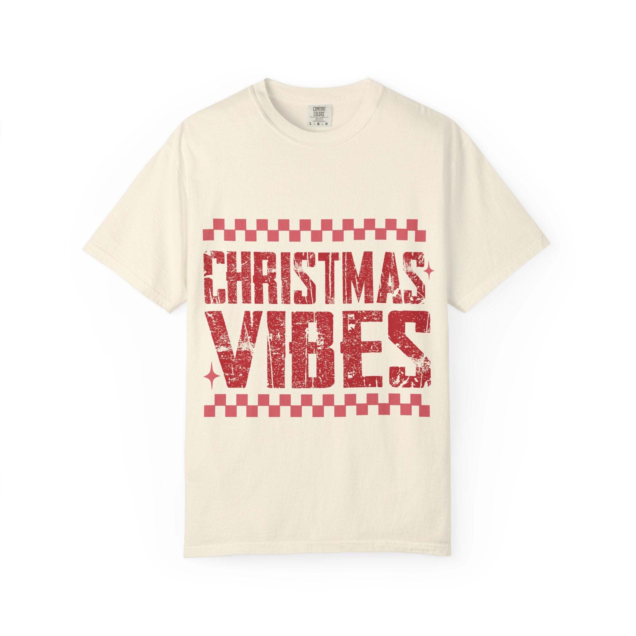 Distressed Christmas Vibes garment-dyed tee with faded vintage holiday graphics and soft, cozy fabric