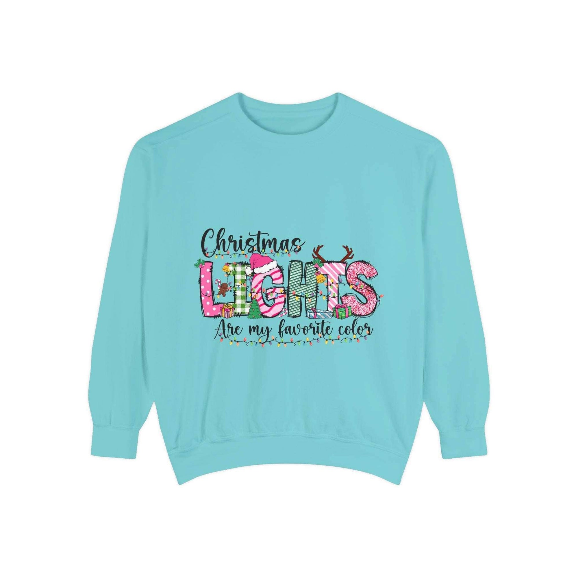 White garment-dyed sweatshirt featuring festive Christmas lights design by Printify