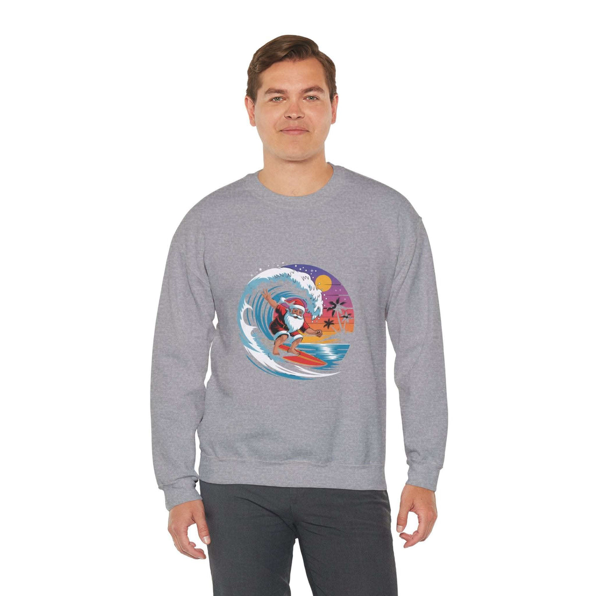 Navy Santa sweatshirt featuring a surfing design, perfect for holiday beachwear by Printify.